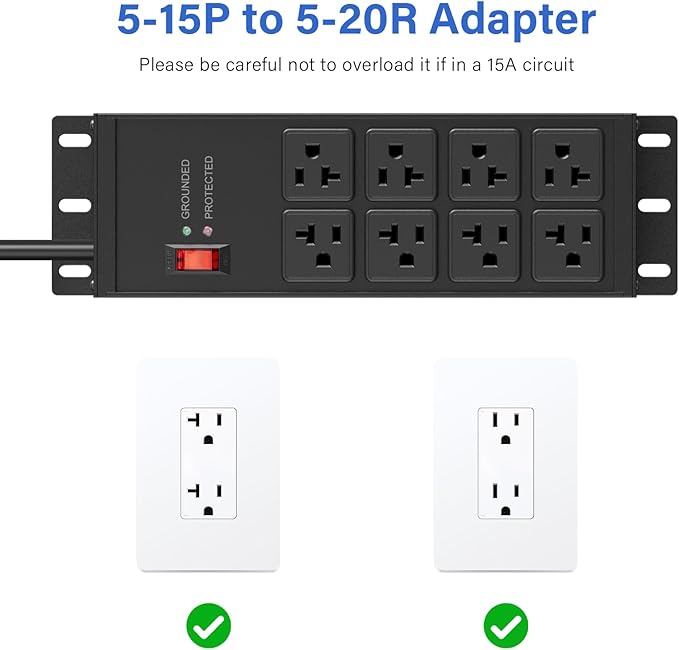 CCCEI 2PCS Heavy Duty Power Strip Surge Protector 20 AMP, 8 Outlets 12 Gauge Shop Garage Metal Multiple Outlets, 4 FT Extension Cord 5-15P Adapter High Amp 6-20R T-Slot 20a for Appliance Black.