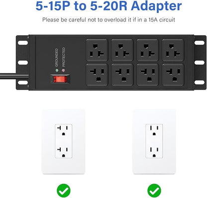 CCCEI 2PCS Heavy Duty Power Strip Surge Protector 20 AMP, 8 Outlets 12 Gauge Shop Garage Metal Multiple Outlets, 6 FT Extension Cord 5-15P Adapter High Amp 6-20R T-Slot 20a for Appliance Black.