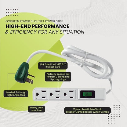 GoGreen Power Inc. (G-13002MS-2) 3 Outlet Power Strip, 2.5FT Cord, White, 2 Pack