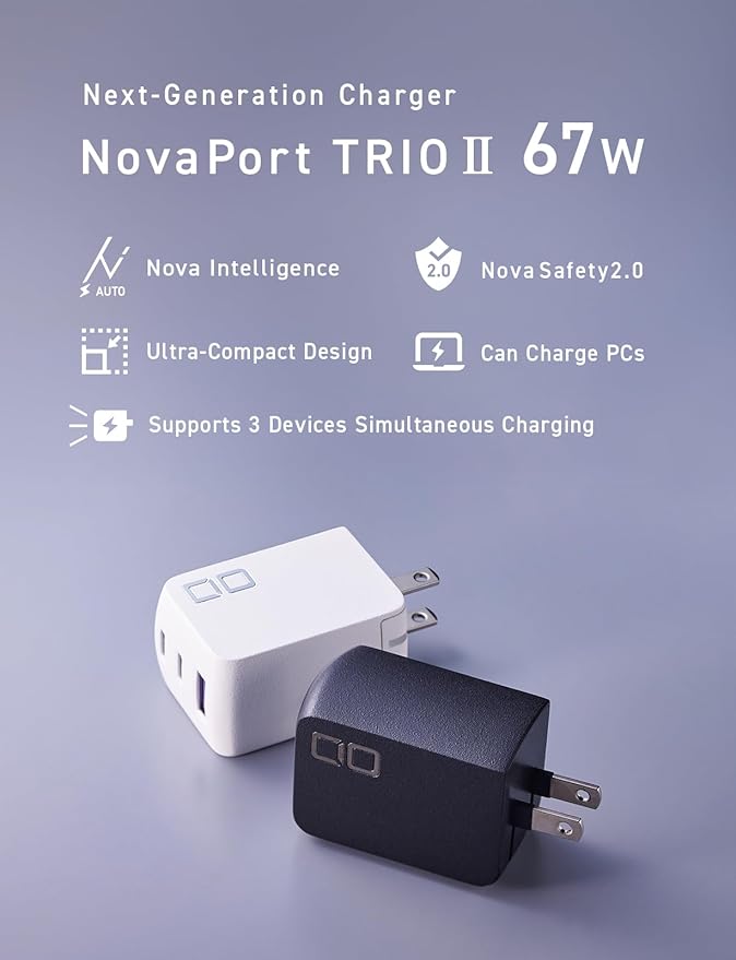 CIO 65W USB C Charger Block, Max 67W GaN Fast Charging Brick w/Dual Type-C Ports & Type-A, USBC Charger, Wall Adapter for Laptop/Phone/Tablet, Multi Travel Power Brick, NovaPort Trio II 2C1A (White)