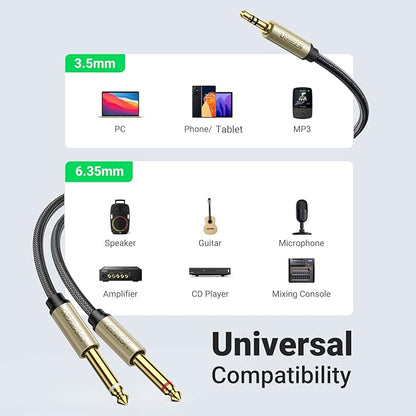 UGREEN 1/8 to 1/4 Stereo Cable 3.5mm TRS to Dual 6.35mm 1/4 TS Mono Y Splitter Audio Cord Adapter Compatible with iPhone, PC, Computer Sound Card, Mixer, Multimedia Speaker, Home Stereo System 10FT