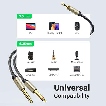 UGREEN 1/8 to 1/4 Stereo Cable 3.5mm TRS to Dual 6.35mm 1/4 TS Mono Y Splitter Audio Cord Adapter Compatible with iPhone, PC, Computer Sound Card, Mixer, Multimedia Speaker, Home Stereo System 6.6FT
