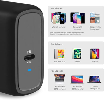 Amazon Basics 65W One-Port GaN USB-C Wall Charger with Power Delivery PD, Foldable Plug, for Laptops, Tablets & Phones, Black