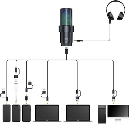 COMICA USB Microphone for Computer and Smartphone,48kHz/24bit RGB Cardioid Condenser Gaming Mic for Podcasting,Streaming,Recording,Music Creation,with Boom Arm Stand-Black(EJoy Uni A)