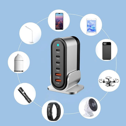 USB C Fast Charger : 6 Port Desktop Multiple Devices Power Adapter for Laptop MacBook Pro/Air, DELL, Tablet iPad Pro/Air, iPhone 16/15/14, Galaxy S23/22