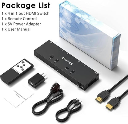 4K@60Hz 4 in 1 Out HDMI Switch, 4 Port HDMI Switcher Selector Support HDR10 & HDCP 2.2 & Full 3D with IR Remote Control Compitable with Nintendo Switch,Xbox PS5/4,Fire Stick,Roku,Apple TV for Gaming