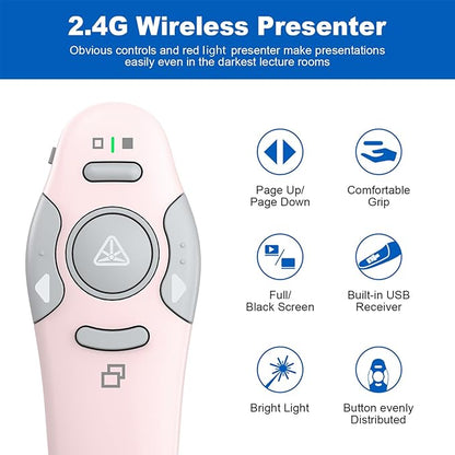 QUI Presentation Clicker Wireless Presenter Remote Clicker for PowerPoint Presentation Remote, PowerPoint Slide Advancer for Mac/Windows/Linux, Google Slide/PPT/Keynote, USB A&C, Pink