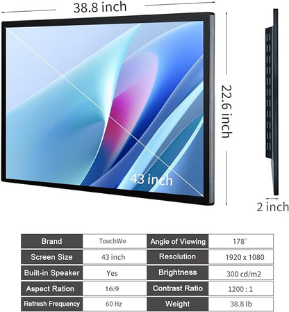 TouchWo 43 inch Interactive Touchscreen Monitor, Smart Board with 16:9 Display 1080P, Win-10 Electronic Whiteboard Touchscreen PC for Office and Classroom, Core i3 RAM 4G & ROM 128G