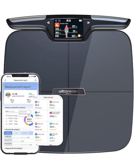 Smart Scale for Body Weight with BMI, Body Fat, Muscle Mass, Water Percentage, 8 Electrode Dual Frequency High Precision Bathroom Scale, Scale with App, 56 Body Composition Measurement (Black)