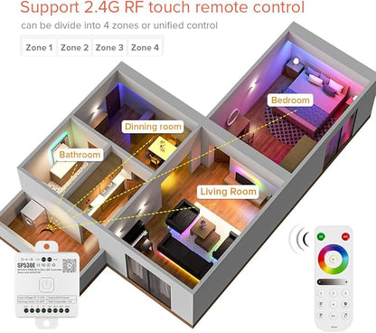 BTF-LIGHTING SP530E WiFi Alexa Bluetooth Controllers 4 Zones 2.4GHz RF RB3 Remote Kit Support FCOB COB SMD PWM or SPI RGB RGBW LED Strip WS2811 WS2812B WS2814 WS2815 SK6812 IC etc DC5V DC12V DC24V