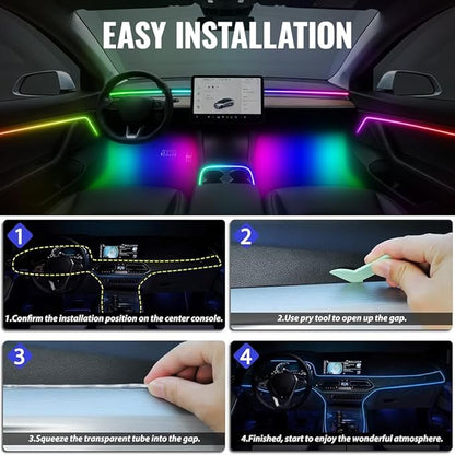 Ambient Lighting Car Led Lights Interior,43.3’’ USB Powered Acrylic Neon Flexible Strip Fiber Optic LED Ambient Lighting Kits with Remote APP, RGB Music Lights Sync for Inside car Decorations