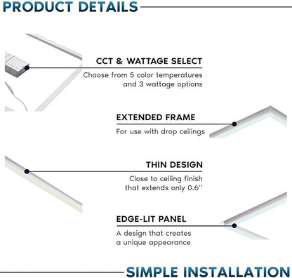 2x2 FT Edge-Lit Frame LED Panel Lights,5CCT Selectable 3000K-6500K, 2600/3900/5200LM,20W/30W/40W Switch Grid Drop Ceiling Lights,0-10V Dimmable,Damp Rated,100-277V,ETL Listed (2 x 4-4 Pack)
