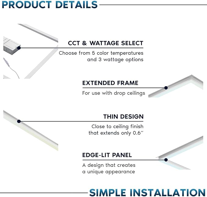 LED Energy Plus 2x2 FT Edge-Lit Frame LED Panel Lights,5CCT Selectable 3000K-6500K, 2600/3900/5200LM,20W/30W/40W Switch, Grid Drop Ceiling Lights,0-10V Dimmable,Damp Rated,100-277V,ETL Listed (6 Pack)