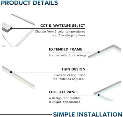 2x2 FT Edge-Lit Frame LED Panel Lights,5CCT Selectable 3000K-6500K, 2600/3900/5200LM,20W/30W/40W Switch Grid Drop Ceiling Lights,0-10V Dimmable,Damp Rated,100-277V,ETL Listed (2 x 4-6 Pack)