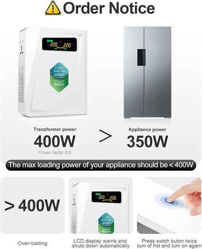 Voltage Converter 110 to 220 Step Up Transformer 500W, No Noise, Ten Protection Functions, CE & CQC Certified ，Using 220V Asia Euro Appliance in US