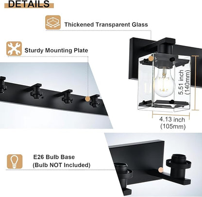 WINSHEN Black 2-Light Wall Sconce Bathroom Light Fixture, Rectangular Clear Glass Vanity Lighting Over Mirror, E26 Bulb Base