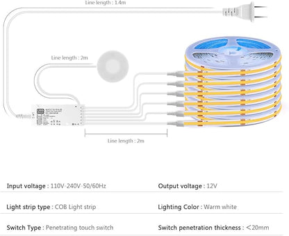 CHNMALITAI COB LED Strip Lights 12V Penetrable Wood Touch Dimmable LED Under Cabinet Light Kit with 60W Adapter 2M/6.56FT Flexible COB LED Strip for DIY Kitchen,Cabinet,Counter,Shelf,Showcase Decor