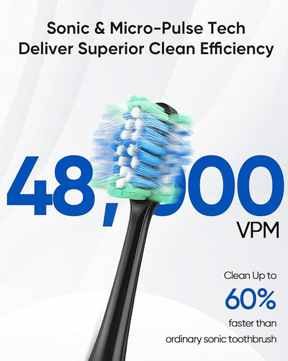 MySmile UC605 Electric Toothbrush for Adults, Rechargeable Sonic Electronic Toothbrush with 6 Brush Heads and Travel Case, 2 Mins 5 Modes Smart Timer, 48000VPM (Black)