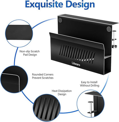 Litwaro Desk Side Storage Organizer, No Drill Laptop Holder Clamp on Desk Shelf with Magnetic Pen Holder, Hanging Organizer Fits Flat Edge Desks 0.4" to 2.1" (Black)