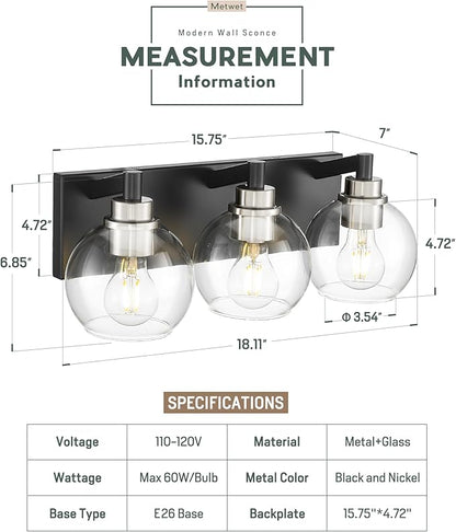 METWET Bathroom Light Fixtures, 3-Light Black and Brushed Nickel Bathroom Vanity Light, Modern Wall Sconces with Globe Clear Glass Shade, Vanity Lighting Fixtures Over Mirror, VL195-KN-3
