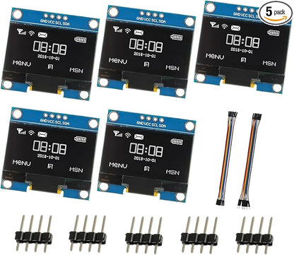 JAMHER 1.3 Inch I2C IIC OLED Display Module 128x64 Pixel Mini Self-Luminous Display Screen Board for Arduino Projects Raspberry Pi with Wire(5Pack White)