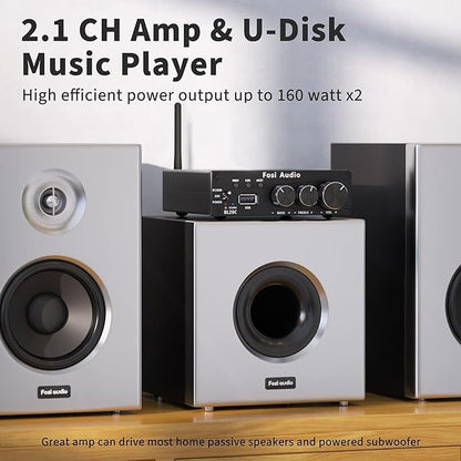Fosi Audio BL20C Bluetooth 5.0 Stereo Audio Receiver Amplifier 320 Watts 2.1 CH Mini Hi-Fi Class D TDA7498E Integrated Amp U-Disk Player for Home Passive Speakers Powered Subwoofer(with Power Supply)