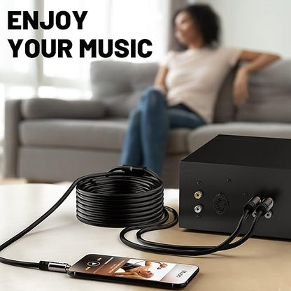 3.5mm to RCA Cable 50FT, 2 Male RCA to Aux Stereo Audio Adapter, Hi-Fi Sound Auxiliary Y Splitter Cord, Shielded 1/8 to 2RCA Cable for Headphone, MP3, Tablet, Speaker, HDTV, Phone and More