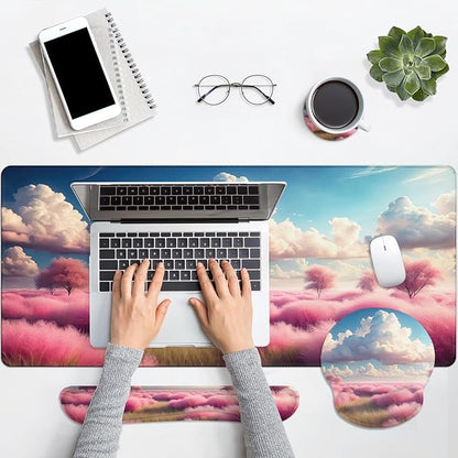 Britimes Dreamy Clouds Pink Plants Keyboard Mouse Pad Set 4in1 Large Mousepad+Keyboard Wrist Rest+Mouse Wrist Rest+Coaster Set with Ergonomic Design for Home Office Computer 35.4x15.7 inches