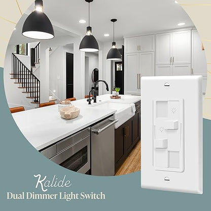 TOPGREENER Kalide Dual Load Dimmer Light Switch, Double LED Dimmer Switch, Full Range Dimming, Single Pole, Wall Plate Included, 120VAC,200W LED/CFL, Neutral Wire Not Required, TGDDS-W-2PCS, White