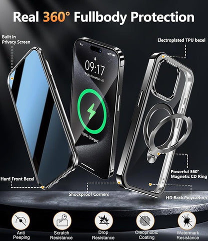 [360° Rotatable CD Stand & Built-in Privacy Screen Magnetic Case for iPhone 15 Pro [Compatible with MagSafe & Full Signal] Mil-Grade Shockproof Full Body Anti-Spy Cover for 15 Pro-Black