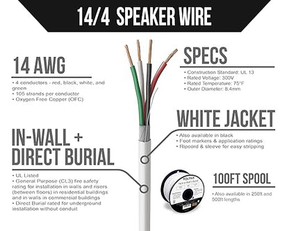 Voltive 14/4 Speaker Wire, in-Wall CL3 & Direct Burial, White, 100ft - 14AWG, 4 Conductors, Stranded Oxygen-Free Copper, UL Listed - V-1209-2