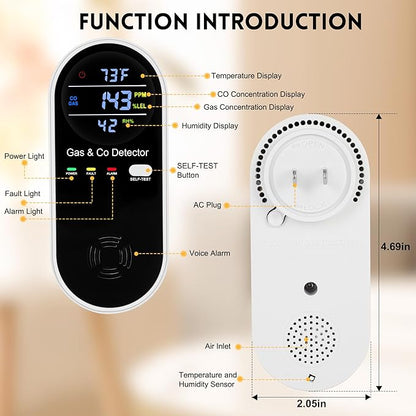 4 Packs Carbon Monoxide Detectors Plug in, 4-in-1 Natural Gas Leak Detector & Carbon Monoxide Detectors with Temperature & Humidity, Natural Gas Detectors for Home/Apartment/RV