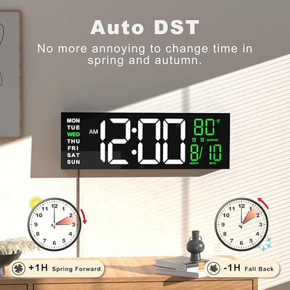 JALL 16" Large Digital Wall Mount Clock, Count Down Timer, Alarm, Big LED, RGB Color, DST, Temperature for Living Room Classroom Desk, Xmas, Birthday Gift for Senior Mom Dad (White Green, 16 inches)