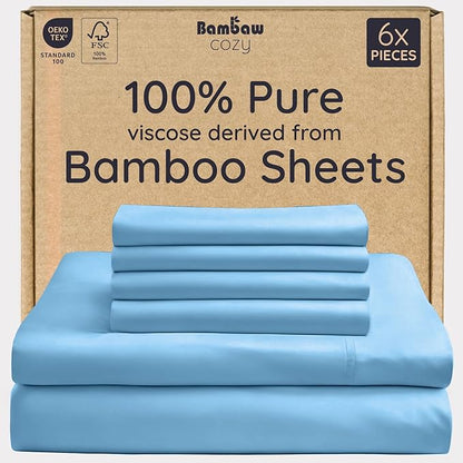 Bambaw 100% Viscose Derived from Bamboo Sheets King Size – 6pcs King Cooling Sheet Set, Luxury Sheets King Size Deep Pocket, Fits Up to 16'' Mattresses, Super Soft (Dream Blue)
