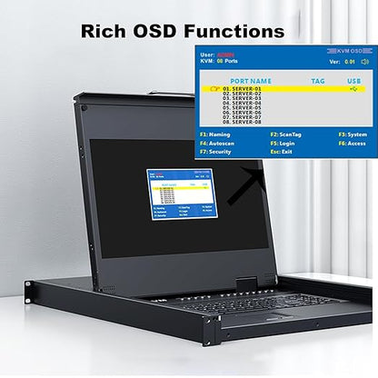 Rack Mount KVM w/17.3" LCD Monitor, MT-VIKI 8 Port HDMI KVM Switch 1920x1080@60Hz for 1U 19" Rack Support OSD Menu/Hotkey+ 8 KVM Cables + Keyboard + Touchpad+ Drawer