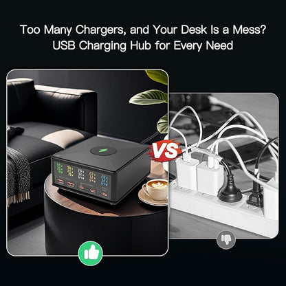 USB Charger Station Multi Port: Desktop 160W Power Fast Charging Hub Wall Block PD 3.0 – 5 Ports with Wireless Pad & Digital Display