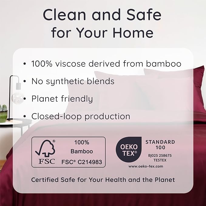 Bambaw 100% Viscose Derived from Bamboo Queen Sheet Set 6 Piece, Queen Size Cooling Sheets for Hot Sleepers, Super Soft Sheets Queen Size, Deep Pockets Fits Up to 16'' Mattresses (Burgundy)