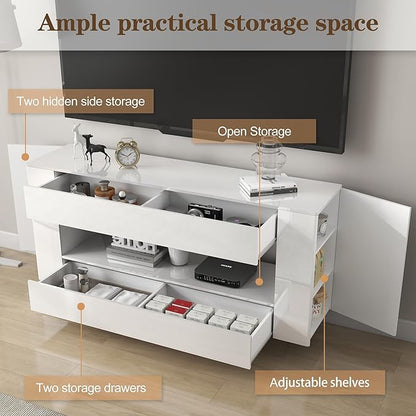 Vavkorkula High Gloss TV Stand for 65 Inch with 2 Large Drawers & Hidden Storage Cabinets, Modern Entertainment Center Television Stands for Living Room Bedroom, White