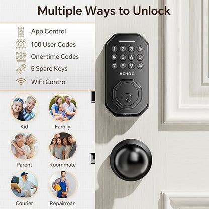VCHOO Keyless Entry Door Lock Set WiFi Smart App Control Door Lock for Front Door Keypad Deadbolt with 2 Knobs Auto Lock One Time Codes Easy Install, Black
