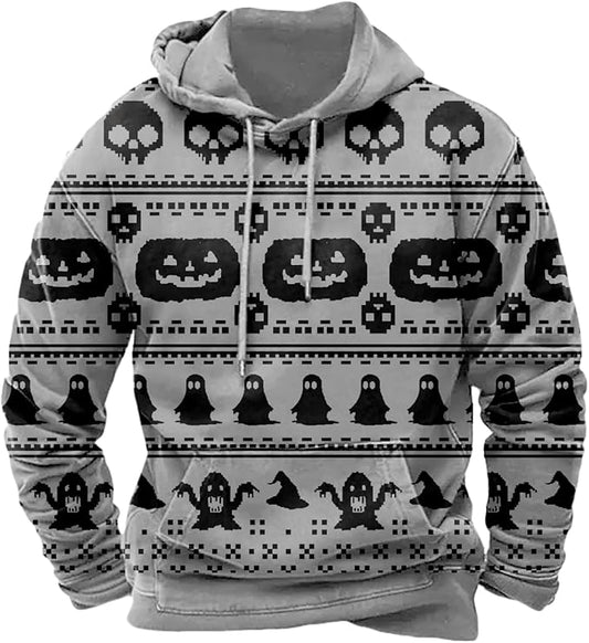 Halloween Hoodie Men Graphic Pumpkin Ghost Printed Sweatshirt Casual Trendy Long Sleeve Halloween Hooded Tops with Pockets