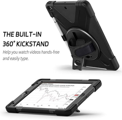 ZenRich Shockproof Case for iPad 9th/8th/7th Generation 10.2 inch 2021/2020/2019, Heavy Duty Rugged Case with Pencil Holder/360° Rotating Kickstand/Handle/Carrying Strap, Black