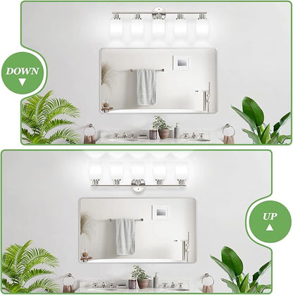 Guliaofo 5-Light Brushed Nickel Vanity Lights, Bathroom Light Fixtures with Textured Milky White Glass Shade, Modern Bathroom Lighting Fixtures Over Mirror Wall Sconce Light - E26 Base