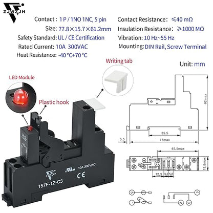 6 Pcs 24VAC Relay Electromagnetic Power Relay 12 Amp 5Pins SPDT 1NO 1NC with Test Button, Indicator Light Module and Socket Base