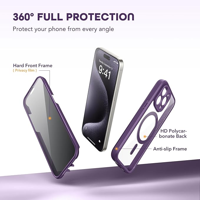 Magnetic for iPhone 15 Pro Case, Compatible with MagSafe, Built-in Privacy Screen Protector and Camera Protection, Anti Spy Full Body Dustproof Shockproof Hard Phone Case 6.1", Purple