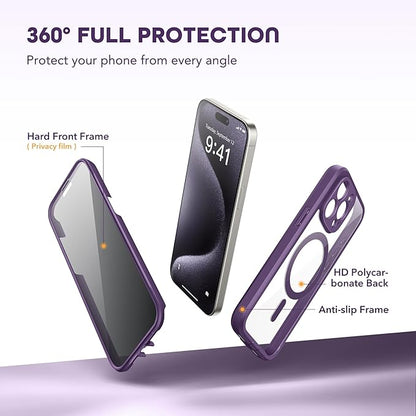 Magnetic for iPhone 15 Pro Case, Compatible with MagSafe, Built-in Privacy Screen Protector and Camera Protection, Anti Spy Full Body Dustproof Shockproof Hard Phone Case 6.1", Light Purple