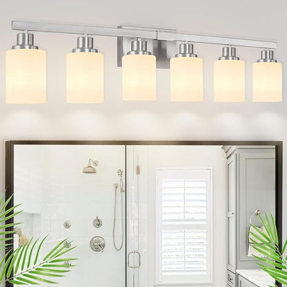 DIKAIDA 38" Bathroom Vanity Light, 6-Light Nickel Vanity Lights for Bathroom, Wall Sconce Lighting with Milky White Glass Shade, Wall Lights,Bath Vintage Wall Mounted Lamps for Mirror Bedroom