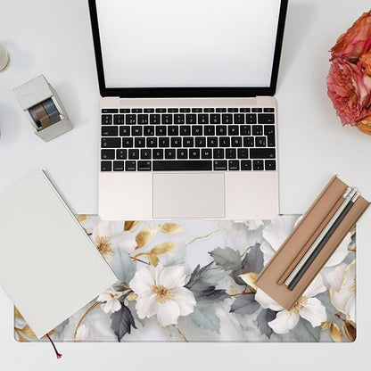 Eflxamz Desk Mat,White Gold Marble Desk Pad,White Flowers Golden Leaves Large Gaming Mouse Pad for Desk,Extended Big Computer Keyboard Mouse Pad with Non-Slip Base and Stitched Edge,31.5"x11.8"