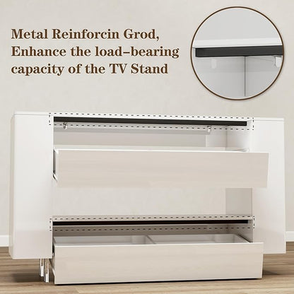 Vavkorkula High Gloss TV Stand for 65 Inch with 2 Large Drawers & Hidden Storage Cabinets, Modern Entertainment Center Television Stands for Living Room Bedroom, White