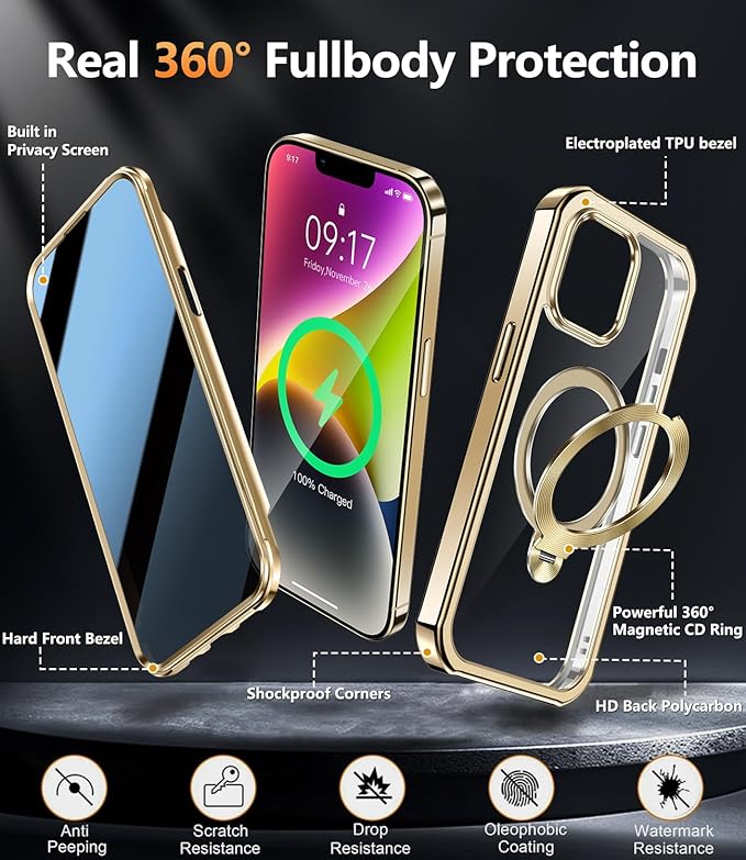 [360° Rotatable CD Stand & Built-in Privacy Screen Magnetic Case for iPhone 14 [Compatible with MagSafe & Full Signal] Mil-Grade Shockproof Full Body Anti-Spy Cover for 14-Gold