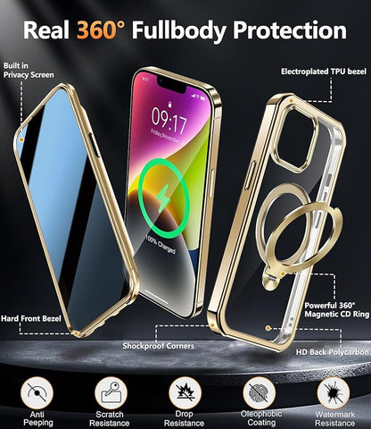 [360° Rotatable CD Stand & Built-in Privacy Screen Magnetic Case for iPhone 14 [Compatible with MagSafe & Full Signal] Mil-Grade Shockproof Full Body Anti-Spy Cover for 14-Gold
